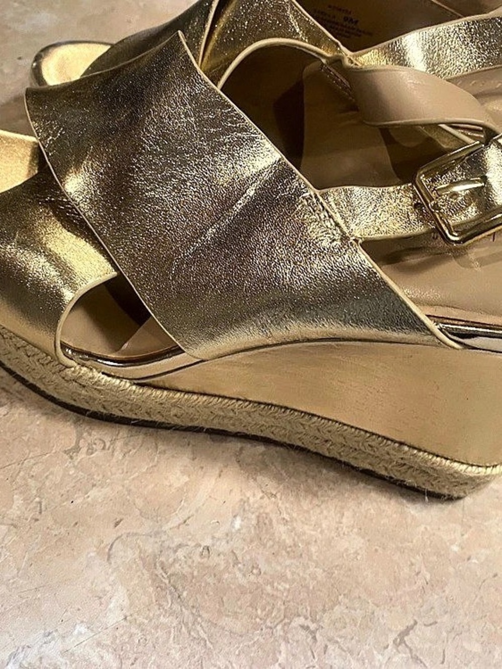 Halston Gold Leather Wedge Sandals US 9M - Picture 8 of 8